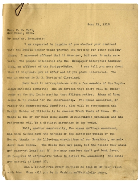 William Taft Letter Signed During WWI With Long Autograph Note Signed -- 5 Days After His Son Charlie Sailed Off to War, Taft Pens, ''I shall be anxious for 'those in peril on the sea' for some time''